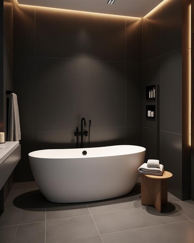 Moderne bad med frittstående badekar, store fliser og indirekte belysning