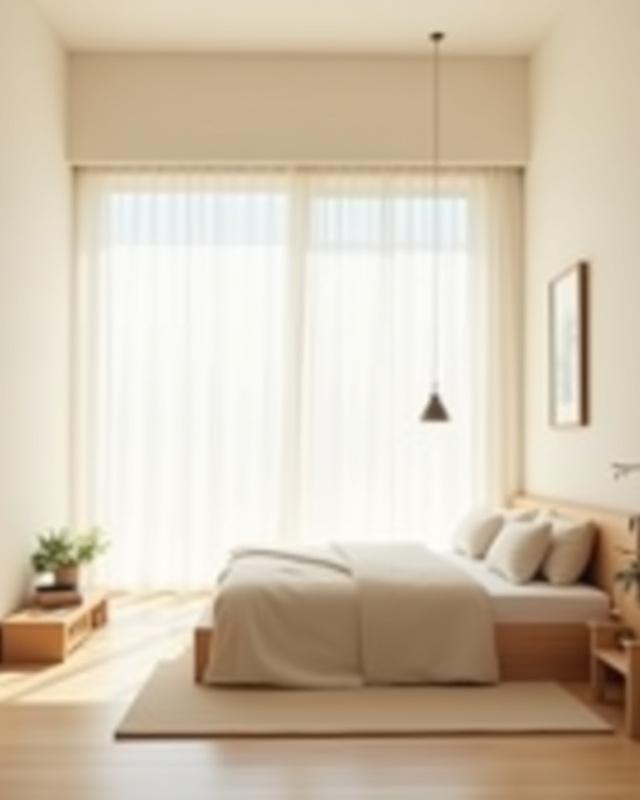 Minimalistisk soverom med lav seng, nøytrale farger og en japansk-inspirert innredning